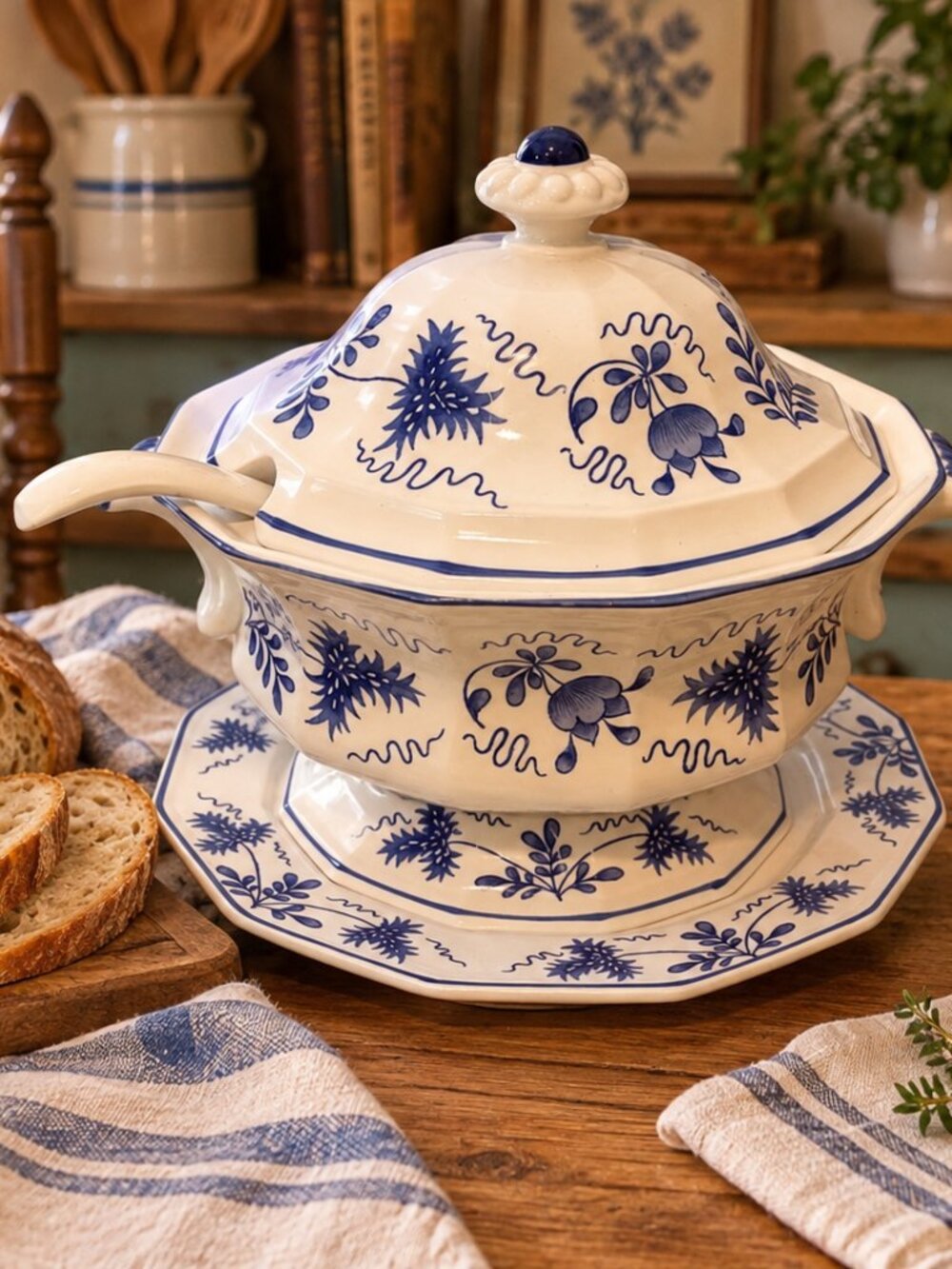 Vintage Japan Blue & White Floral Soup Tureen 4-Piece Set w/ Ladle & Underplate